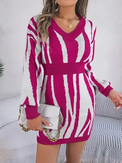 Bold And Wild Long Sleeve Zebra Print Sweater Dress