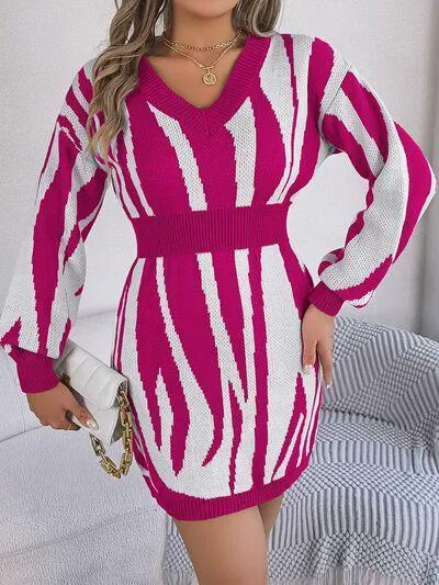 Bold And Wild Long Sleeve Zebra Print Sweater Dress