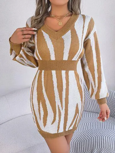 Bold And Wild Long Sleeve Zebra Print Sweater Dress