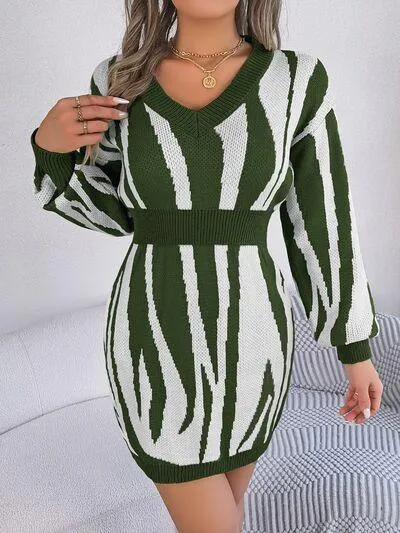 Bold And Wild Long Sleeve Zebra Print Sweater Dress