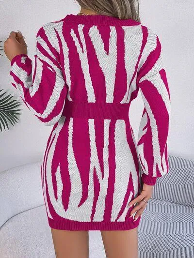 Bold And Wild Long Sleeve Zebra Print Sweater Dress