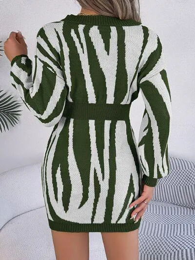 Bold And Wild Long Sleeve Zebra Print Sweater Dress