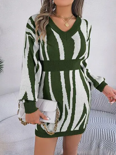 Bold And Wild Long Sleeve Zebra Print Sweater Dress