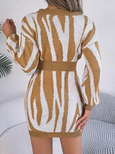 Bold And Wild Long Sleeve Zebra Print Sweater Dress