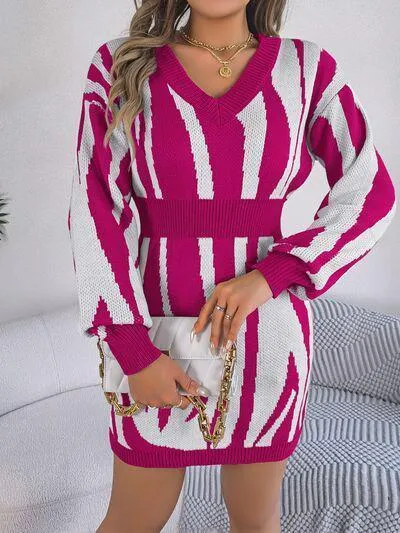 Bold And Wild Long Sleeve Zebra Print Sweater Dress