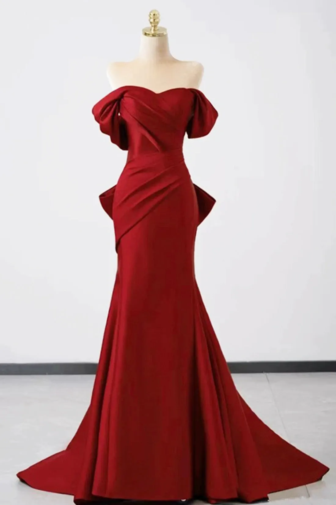 Burgundy Satin Floor Length Prom Dress, Mermaid Off the Shoulder Party Dress