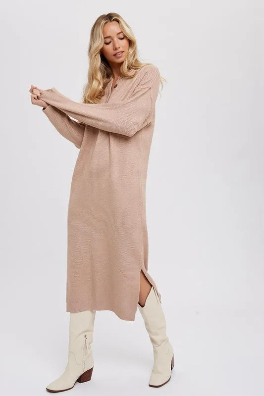 BUTTON FRONT MIDI SWEATER DRESS