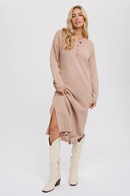 BUTTON FRONT MIDI SWEATER DRESS