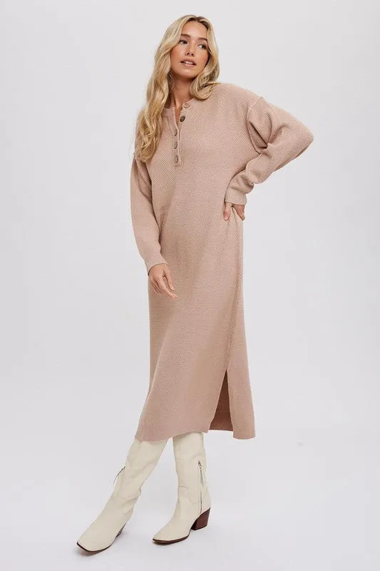 BUTTON FRONT MIDI SWEATER DRESS