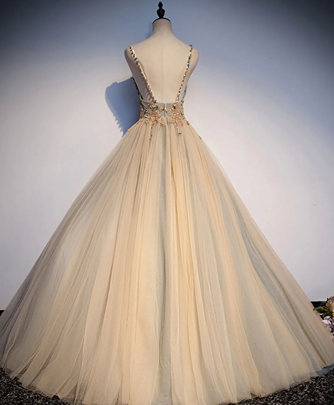 Champagne V Neck Tulle Sequin Beads Long Prom Dress Tulle Formal Dress