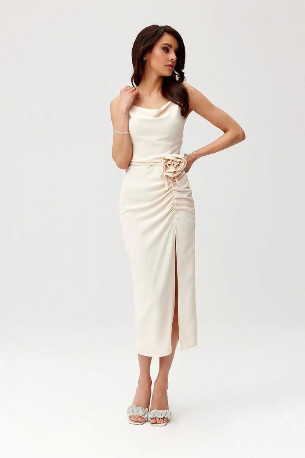 Chic Maribel Midi Cocktail Dress with Floral Accent by Roco Fashion