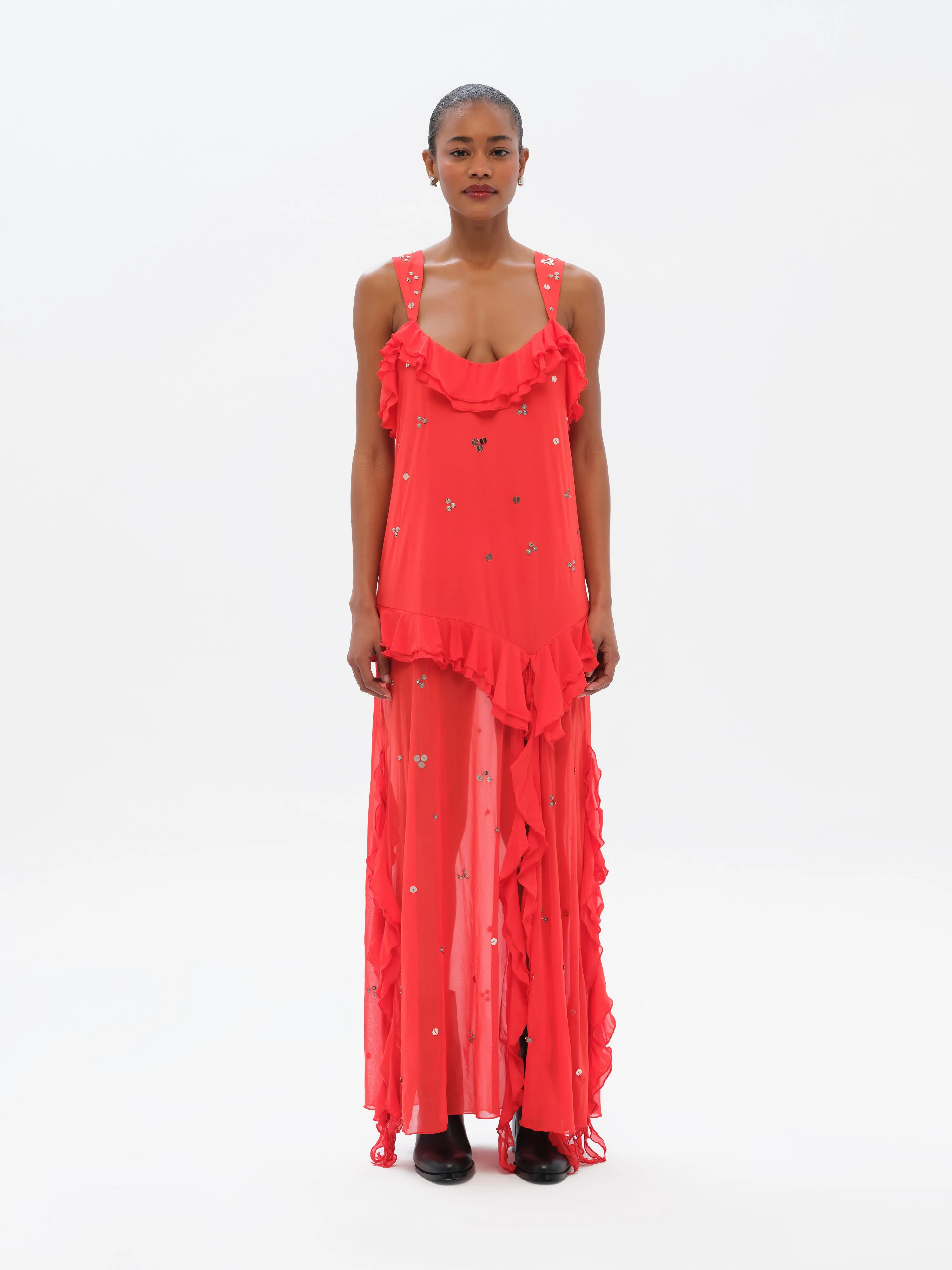 CHILAS - Embellished and ruffled midi dress with front slit