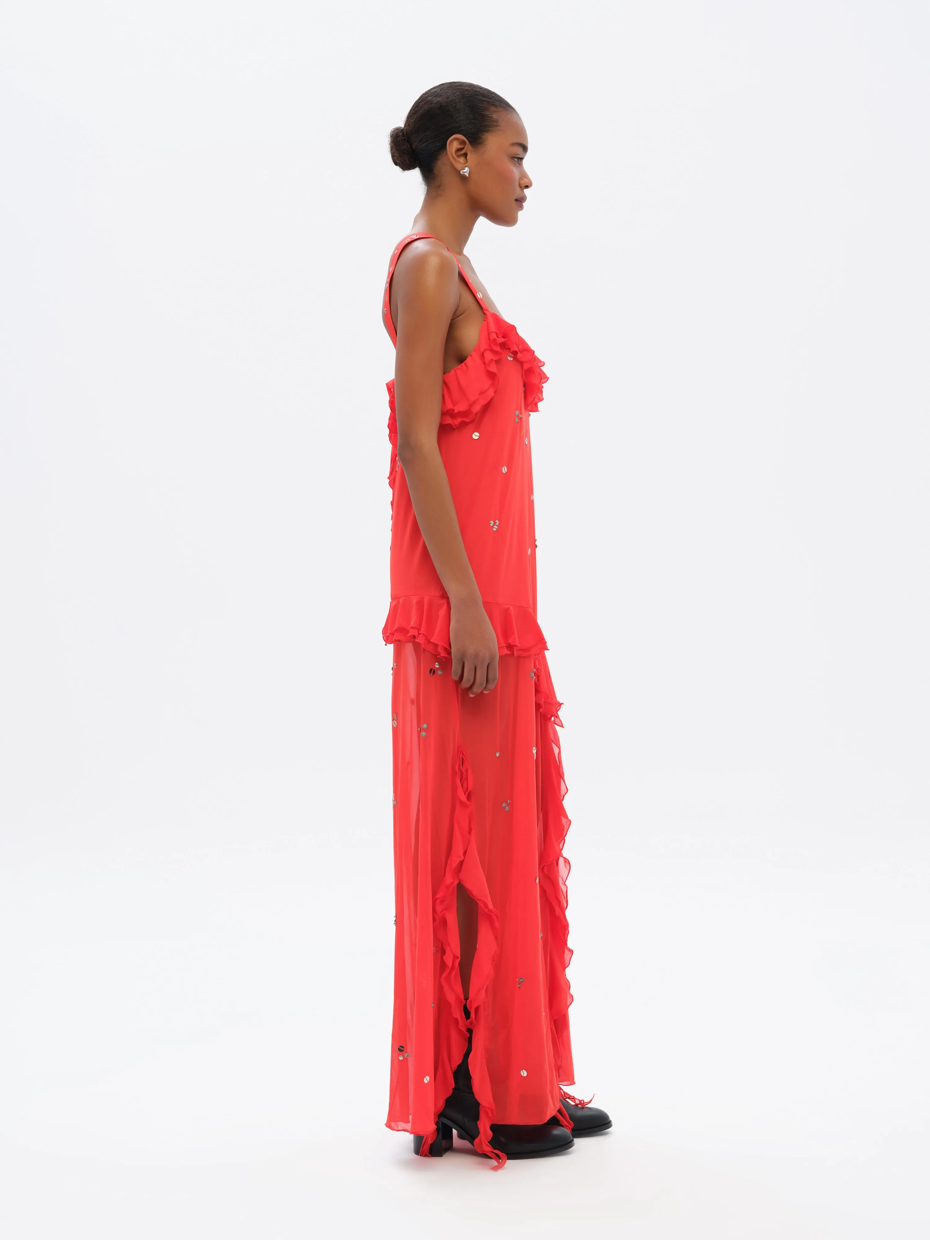 CHILAS - Embellished and ruffled midi dress with front slit