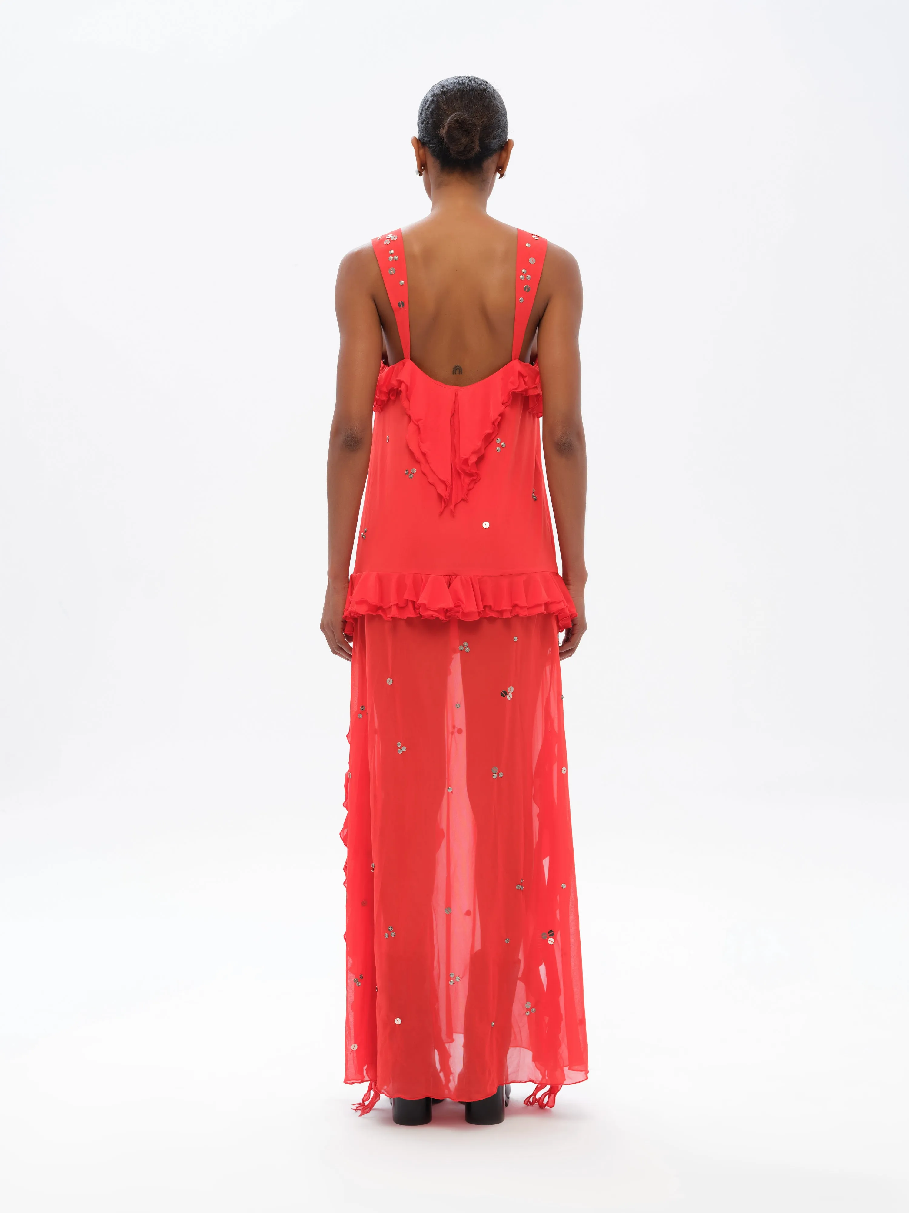 CHILAS - Embellished and ruffled midi dress with front slit