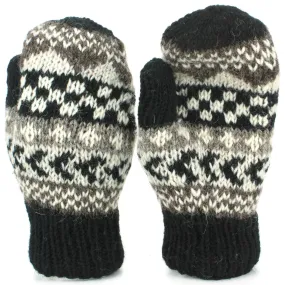 Chunky Wool Knit Mittens - Chevron - Black