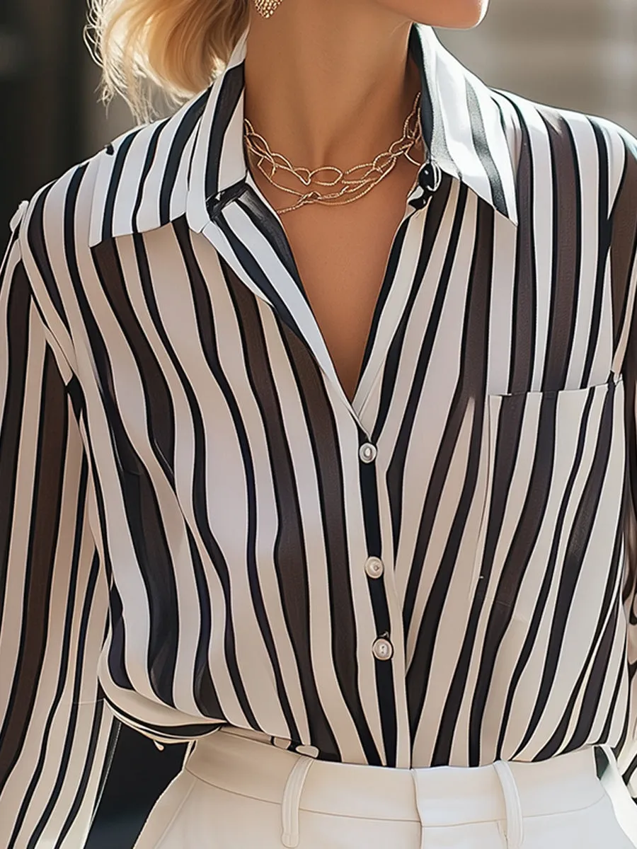 Classic Black and White Striped Button-Up Blouse