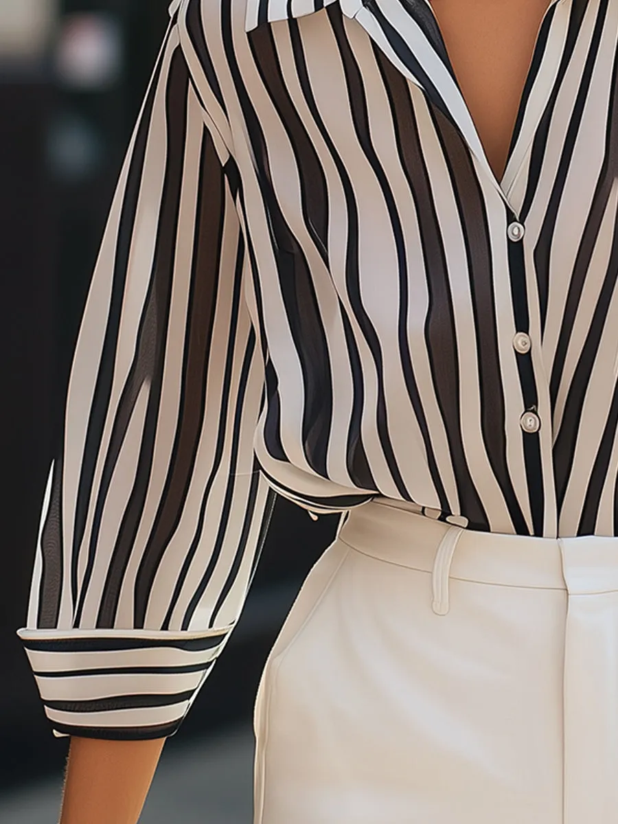 Classic Black and White Striped Button-Up Blouse