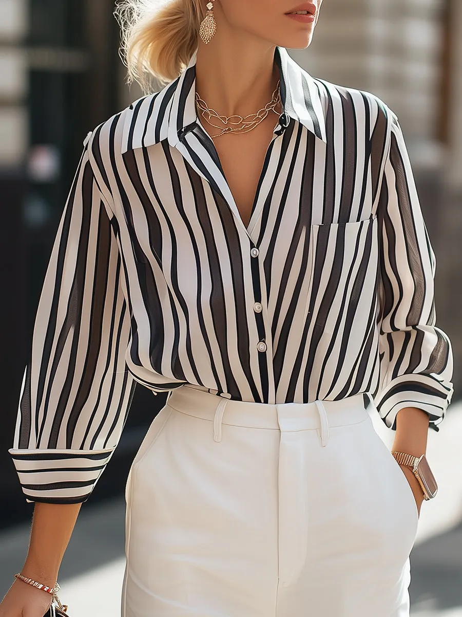 Classic Black and White Striped Button-Up Blouse