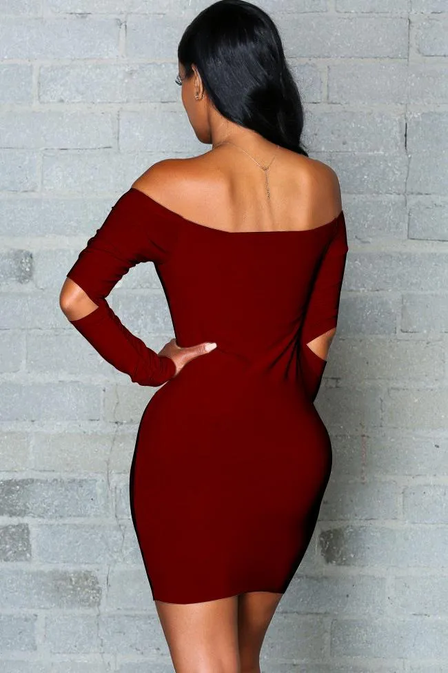 Clearance Pure Color Off Shoulder Hollow Sleeve Short Bodycon Dress
