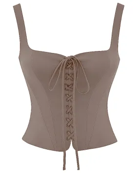 Corset Straps Eyelet Lace-up Tank Tops In Cappuccino
