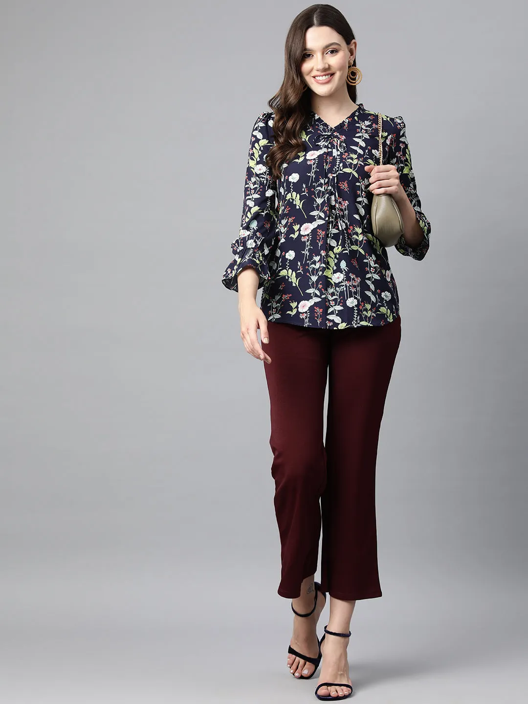 Cottinfab Floral Print Bell Sleeves Crepe Longline Top