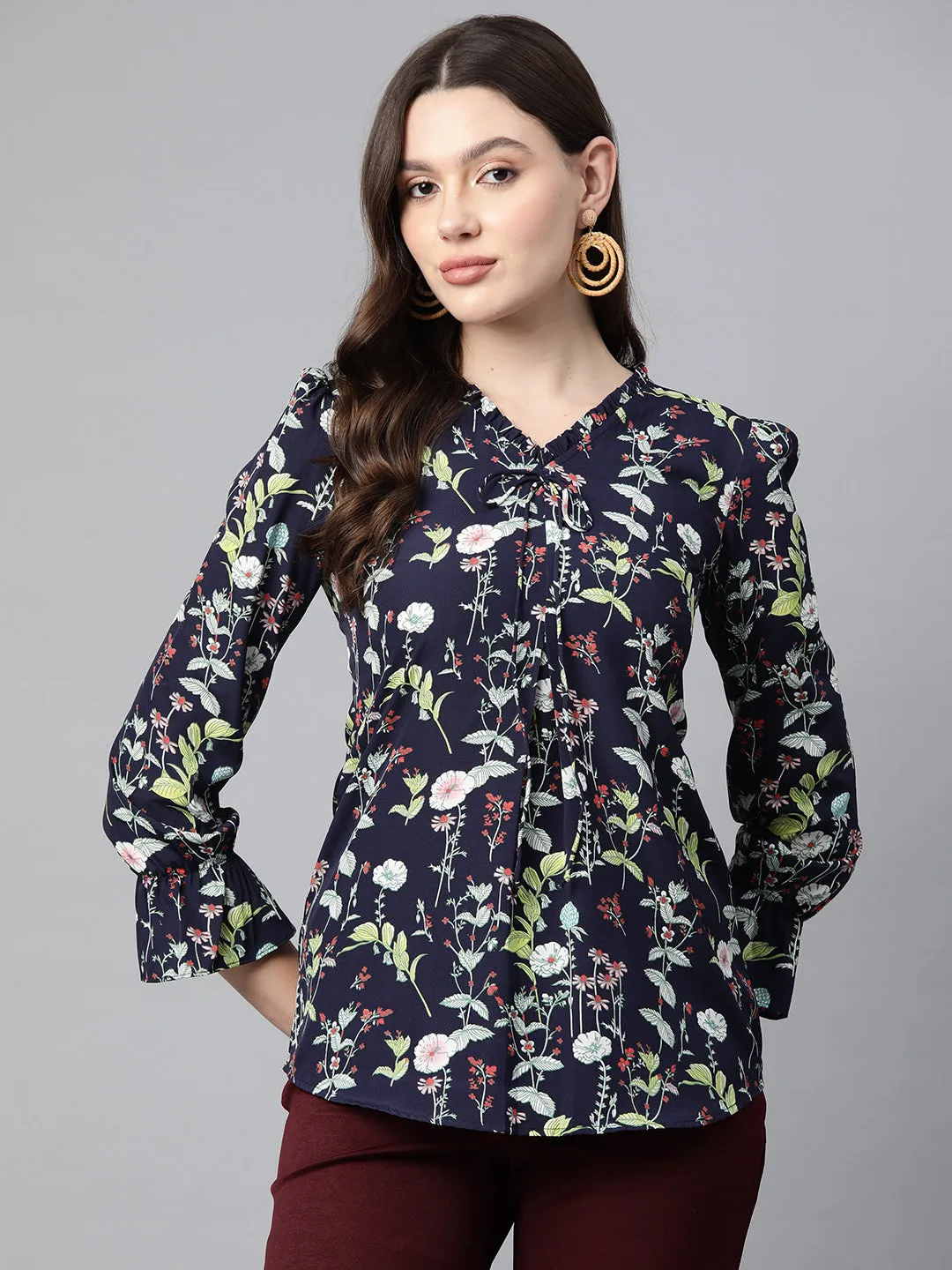Cottinfab Floral Print Bell Sleeves Crepe Longline Top