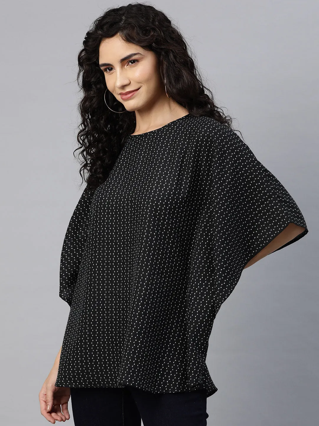 Cottinfab Women Polka Printed Kimono Sleeve Kaftan Top