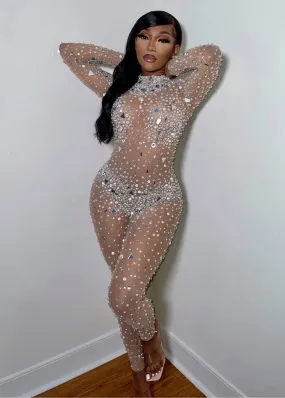 Crystals & Beads Embroidered Mesh Jumpsuit