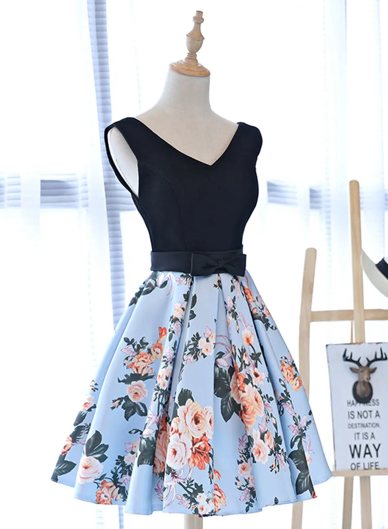 Cute V-Neck Floral Pattern Short Prom Dress, A-Line Evening Party Dress
