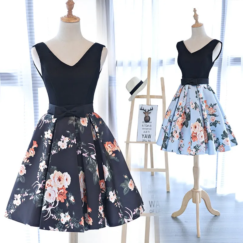 Cute V-Neck Floral Pattern Short Prom Dress, A-Line Evening Party Dress
