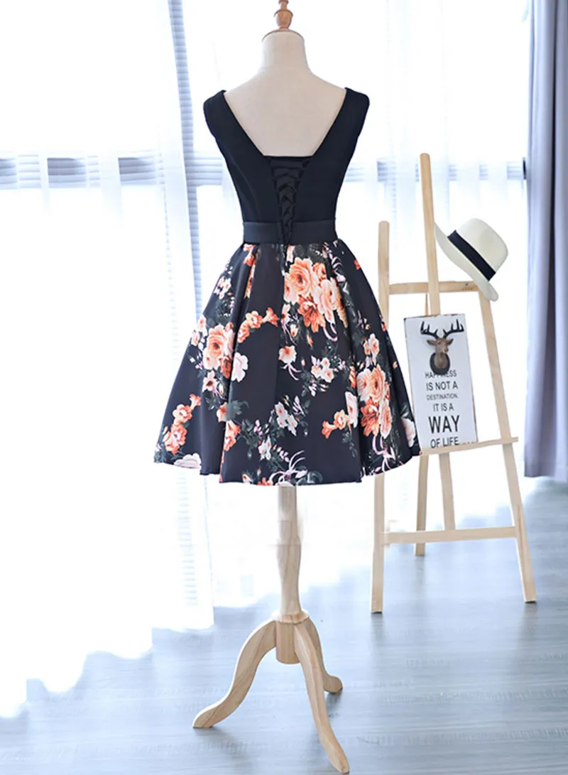 Cute V-Neck Floral Pattern Short Prom Dress, A-Line Evening Party Dress