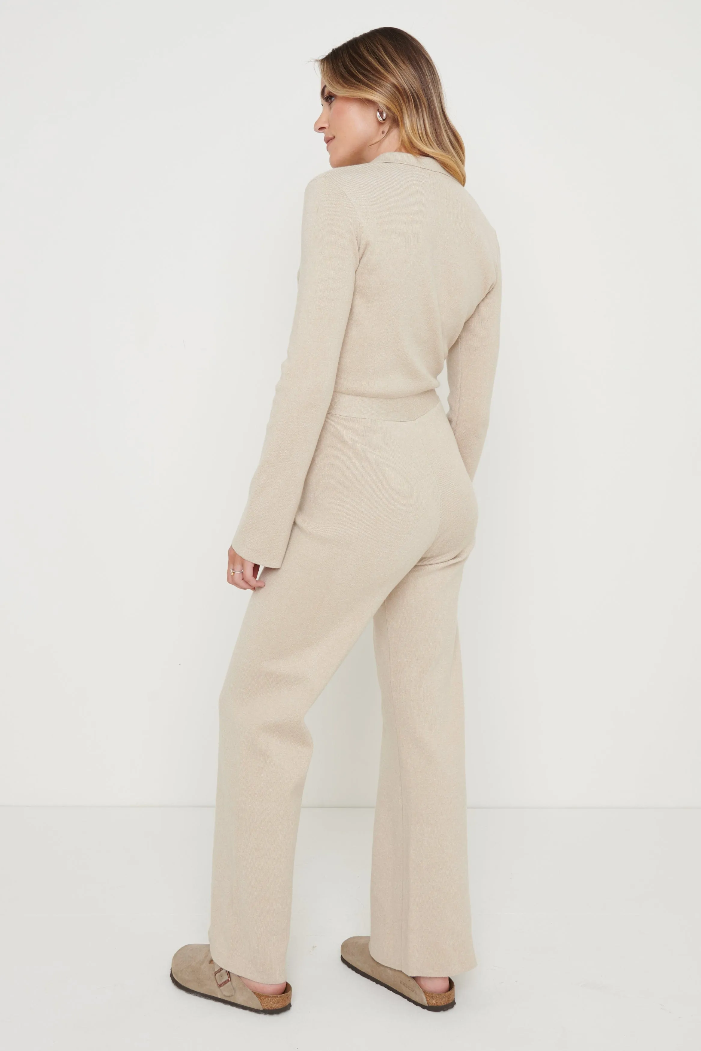 Daisy Wide Leg Knit Jumpsuit- Beige