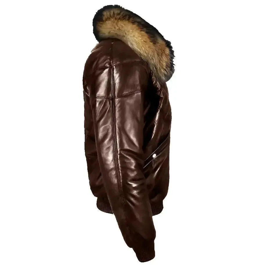Dark Brown V-Bomber Jacket With Raccoon Fur Collar - Leather Down Jacket