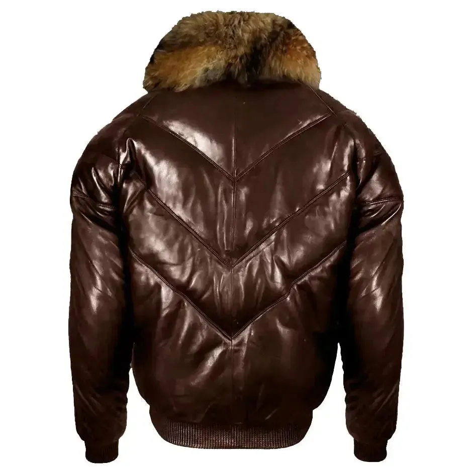 Dark Brown V-Bomber Jacket With Raccoon Fur Collar - Leather Down Jacket