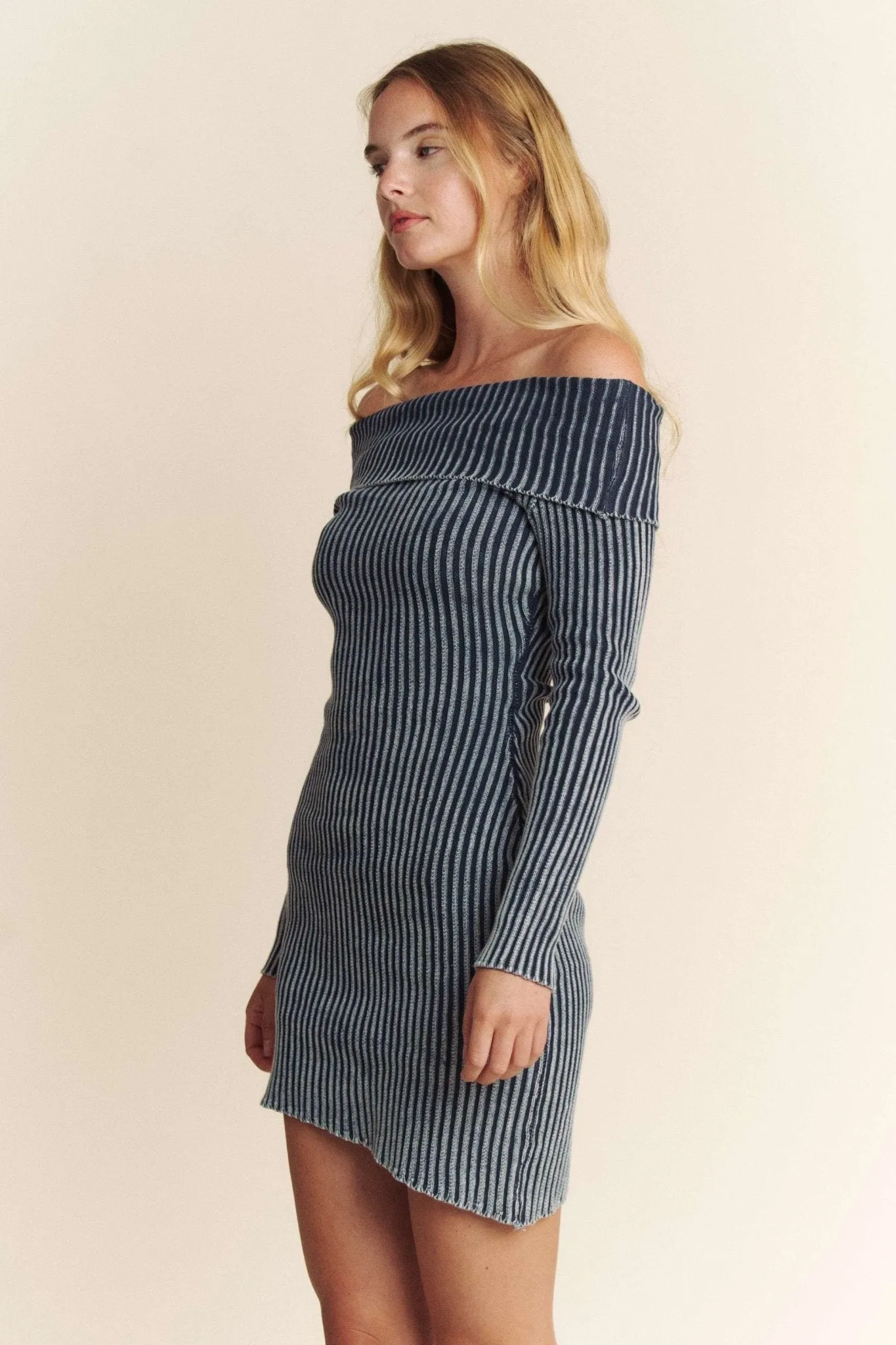 Dark Denim Blue Off Shoulder Sweater Dress