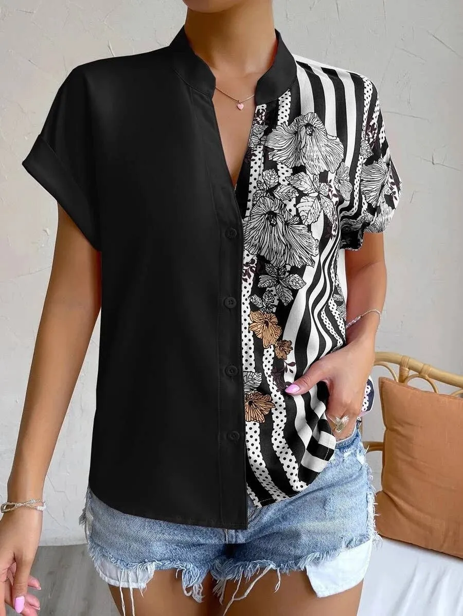 DOUBLE COLOR FLORAL BUTTON-UP SHIRT_CWTSTS0417