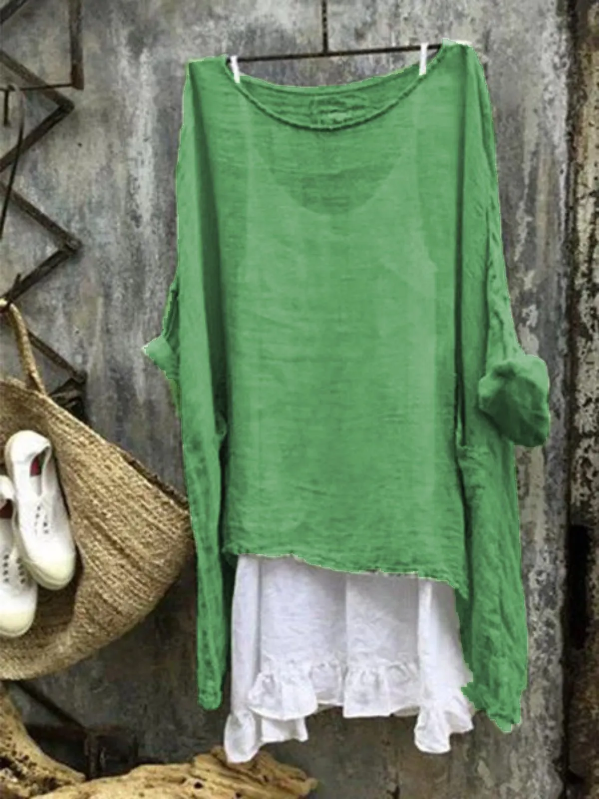 Dunnmall Casual Round 3/4 Sleeve Solid Plus Size Bat Sleeve Tops