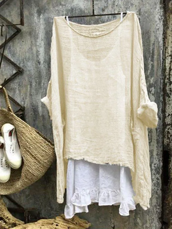 Dunnmall Casual Round 3/4 Sleeve Solid Plus Size Bat Sleeve Tops
