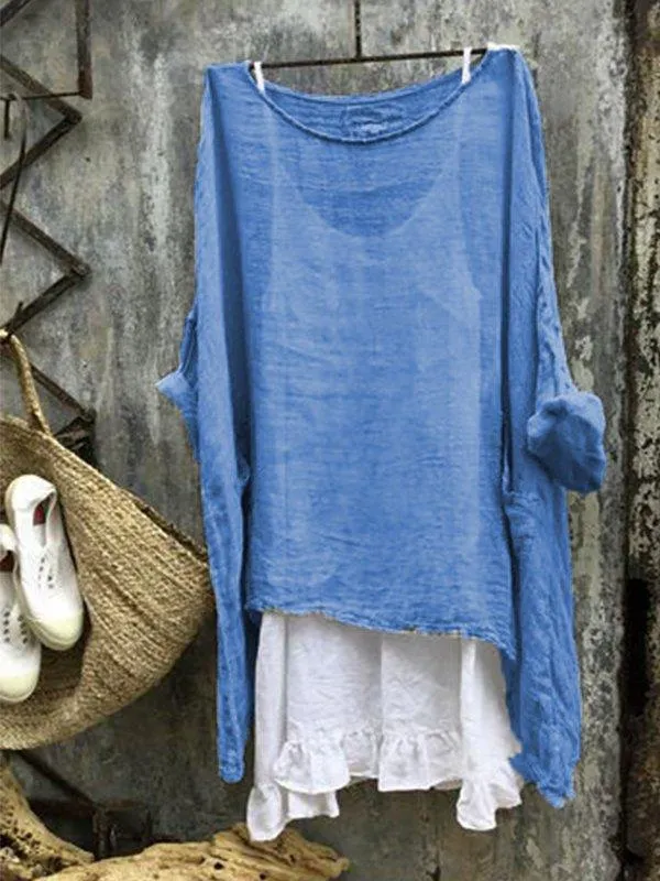 Dunnmall Casual Round 3/4 Sleeve Solid Plus Size Bat Sleeve Tops