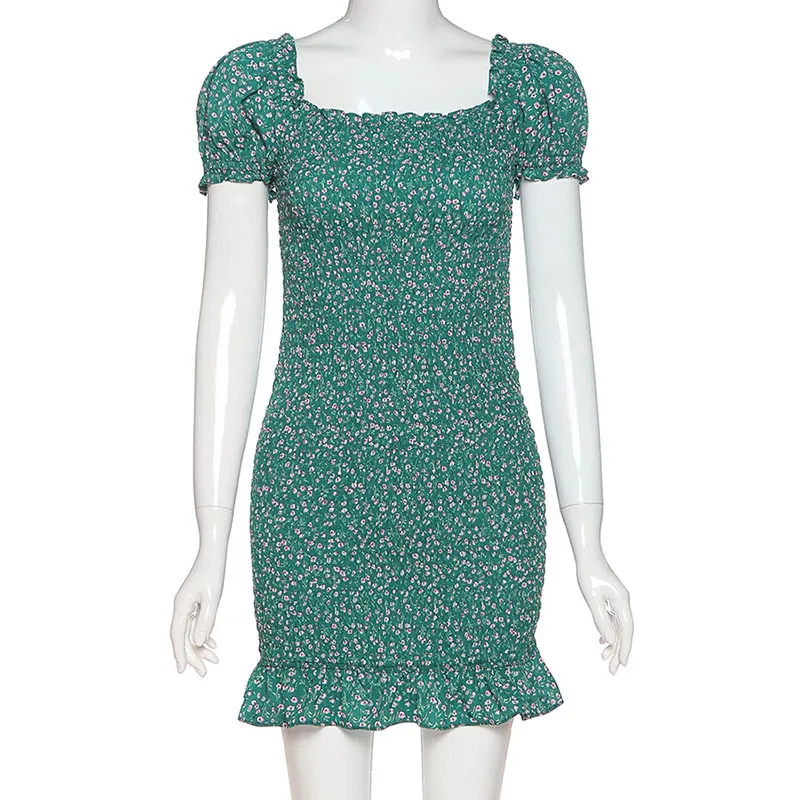 Dunnmall Retro Green Floral Print Sundress