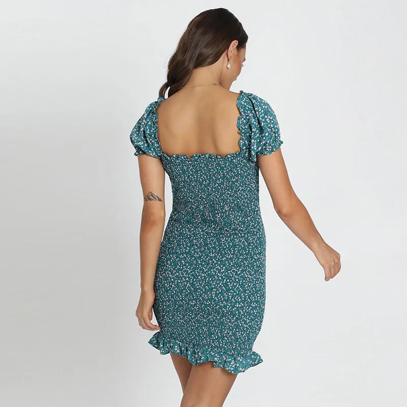 Dunnmall Retro Green Floral Print Sundress