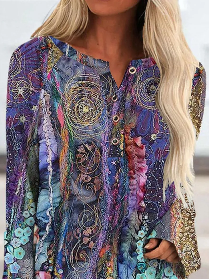 Dunnmall Round Neck Flower Print Loose Long Sleeve T-shirt