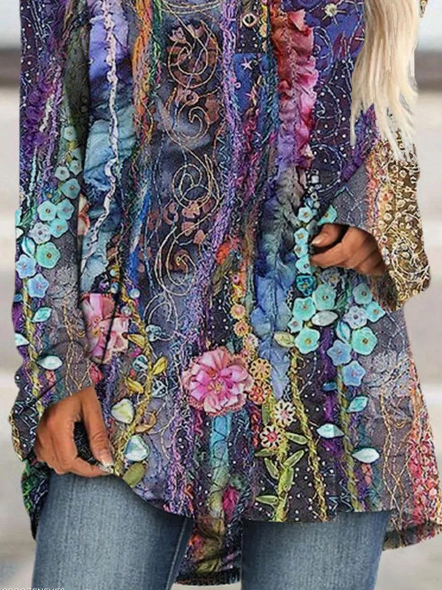 Dunnmall Round Neck Flower Print Loose Long Sleeve T-shirt