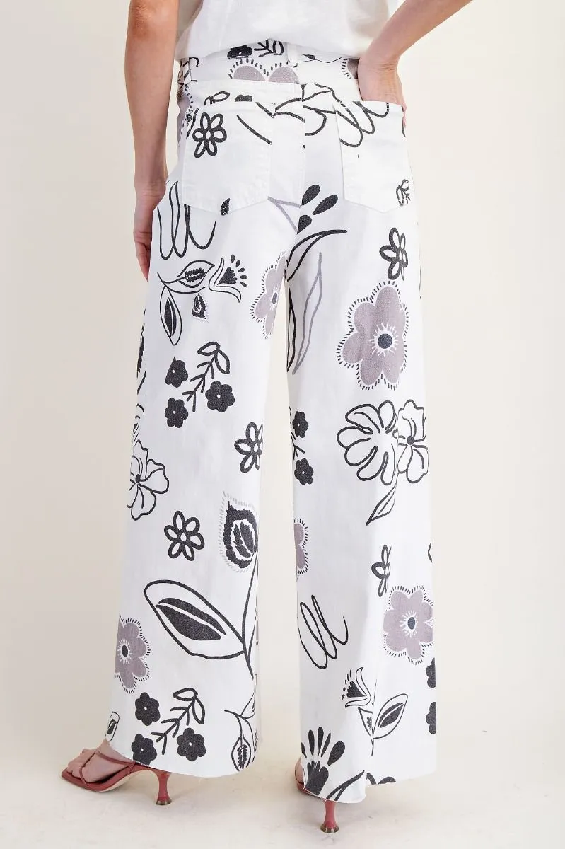 Easel Printed Washed Twill Wide Pants