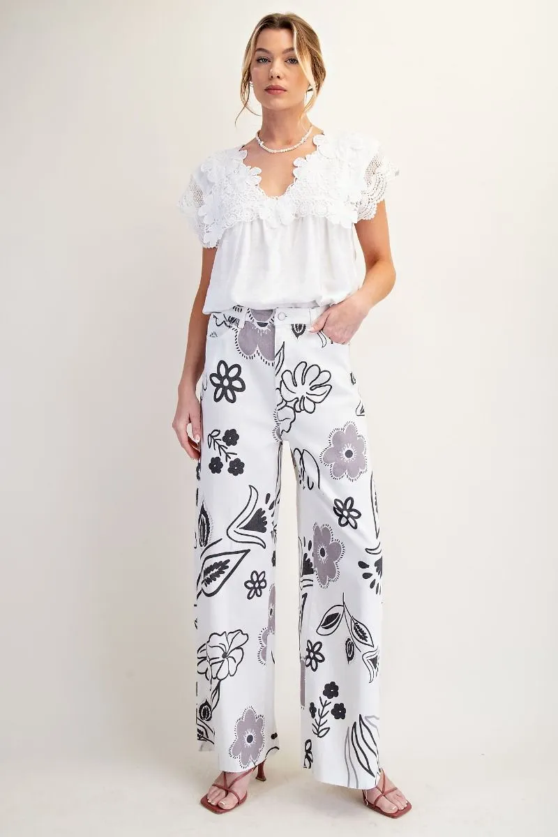 Easel Printed Washed Twill Wide Pants