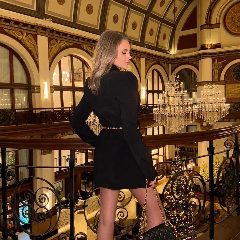 Elegant Black Velvet long blazer dress  belt and pockets