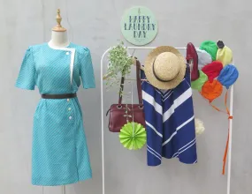Elyssa | Vintage 1930s 1940s style retro Striped turquoise and white Day dress with Buttons detail