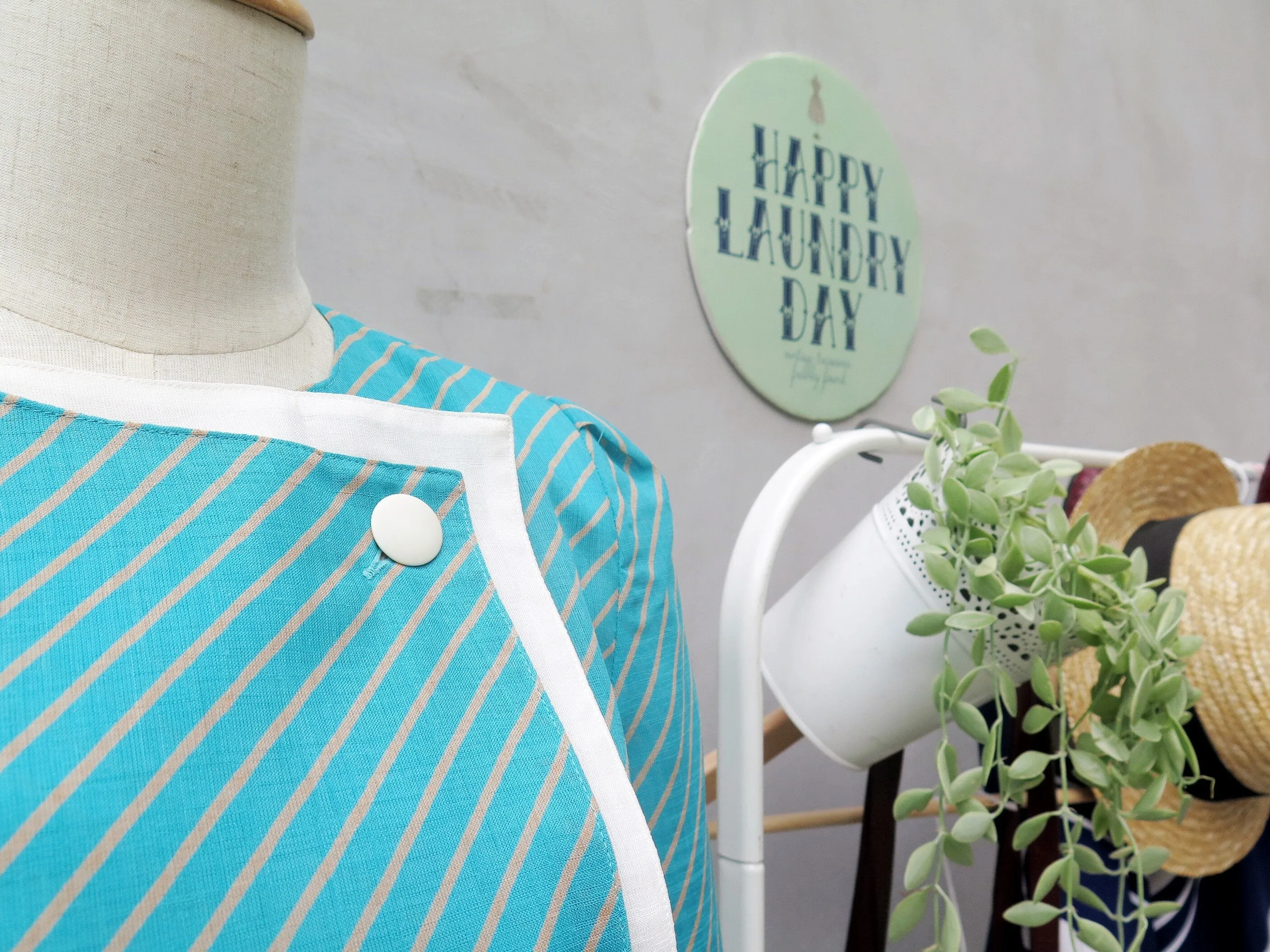 Elyssa | Vintage 1930s 1940s style retro Striped turquoise and white Day dress with Buttons detail