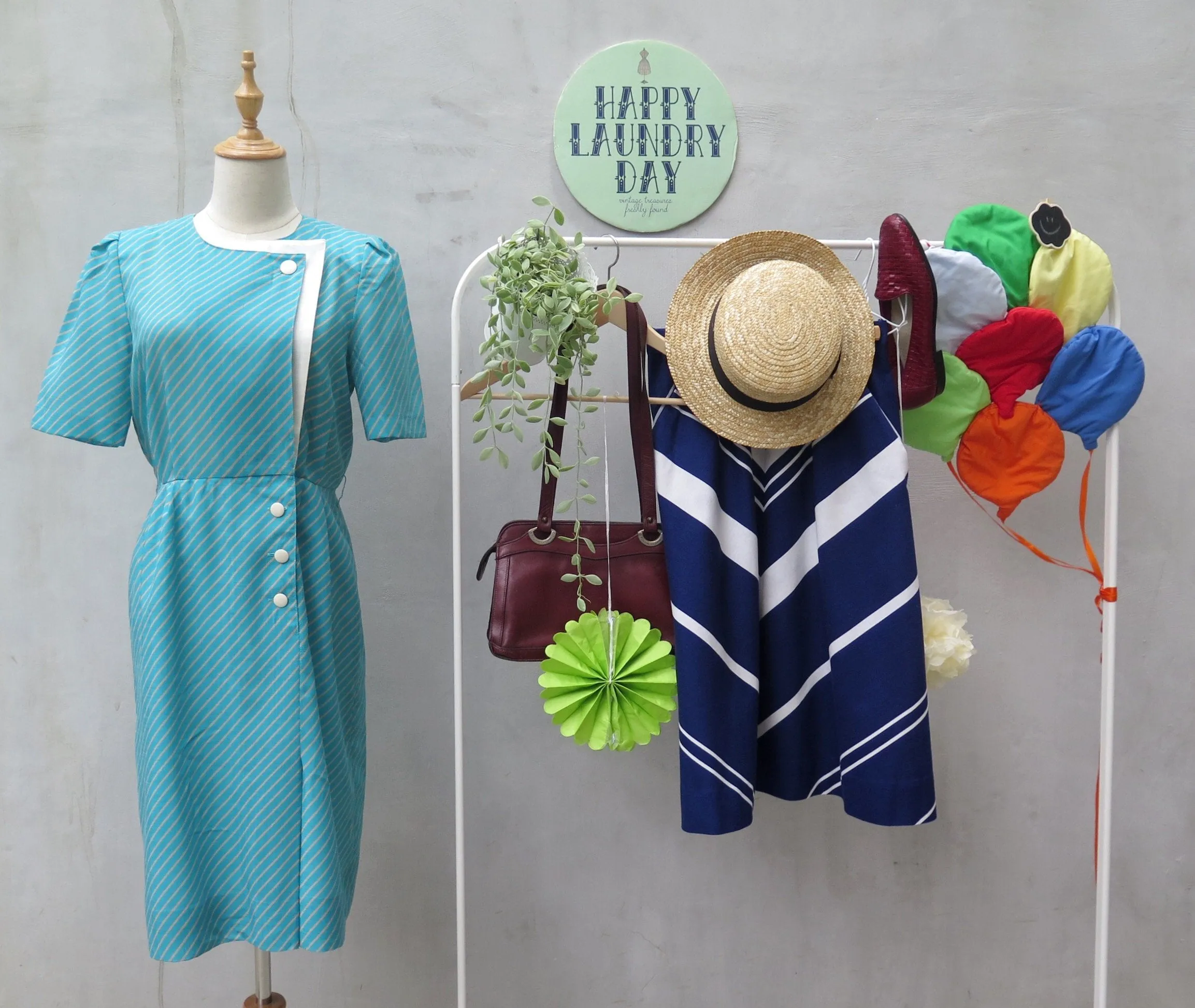 Elyssa | Vintage 1930s 1940s style retro Striped turquoise and white Day dress with Buttons detail