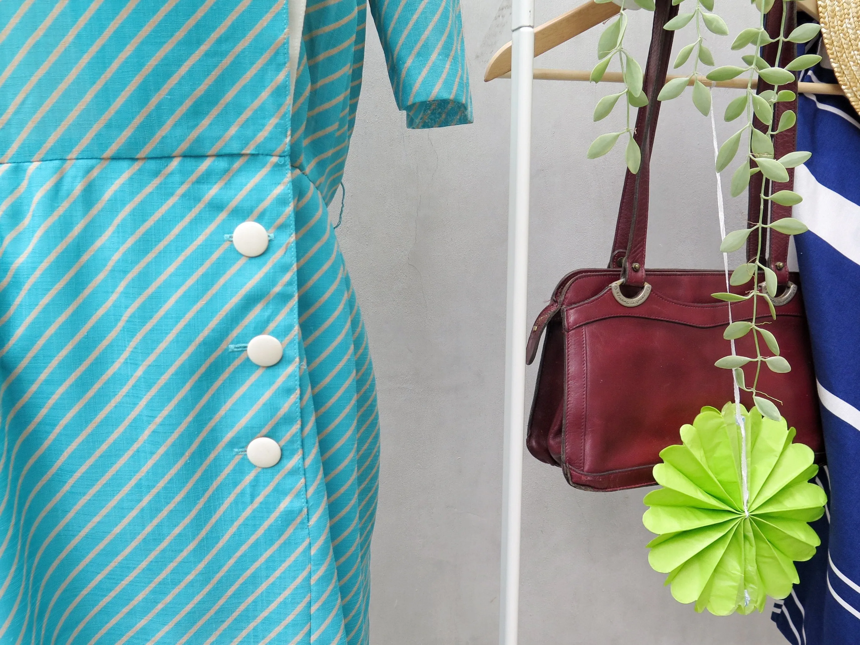 Elyssa | Vintage 1930s 1940s style retro Striped turquoise and white Day dress with Buttons detail